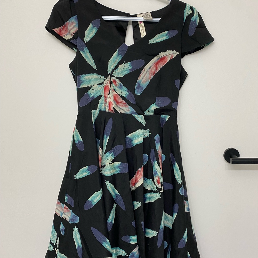 Alice Moon Black Mini Dress with Colorful Feather Design and Cut Out back